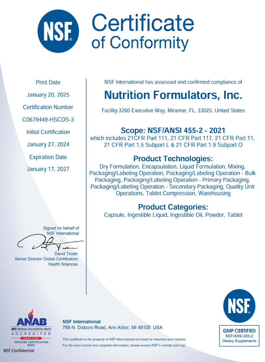 NSF Certificate of Conformity
