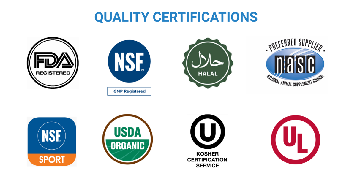Quality certifications: FDA, NSF, Halal, NASC, USDA Organic, Kosher, UL